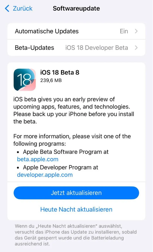 锡林浩特苹果手机维修分享苹果 iOS / iPadOS 18 开发者预览版 Beta 8 发布 